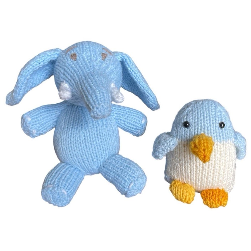 Handmade Elephant Penguin Knitted Blue Toys Small Stuffed Baby Animals Set of 2
